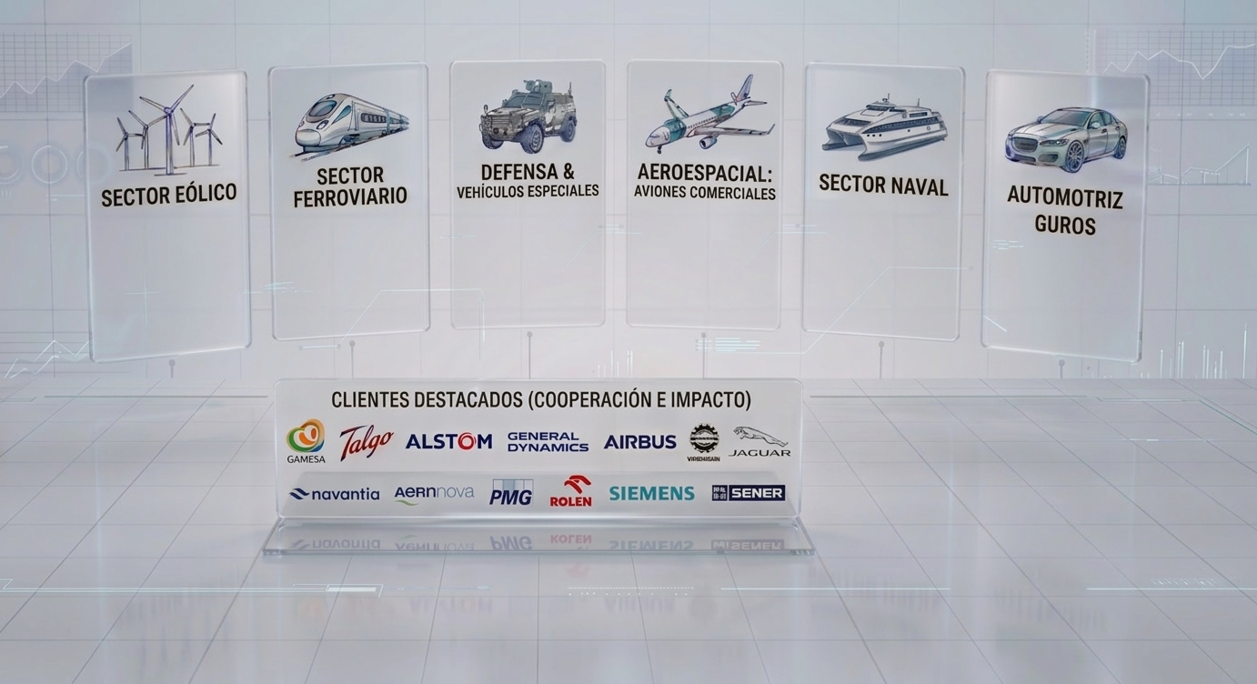Sectores y clientes: aeroespacial, automoción, eólica, ferroviario y defensa
